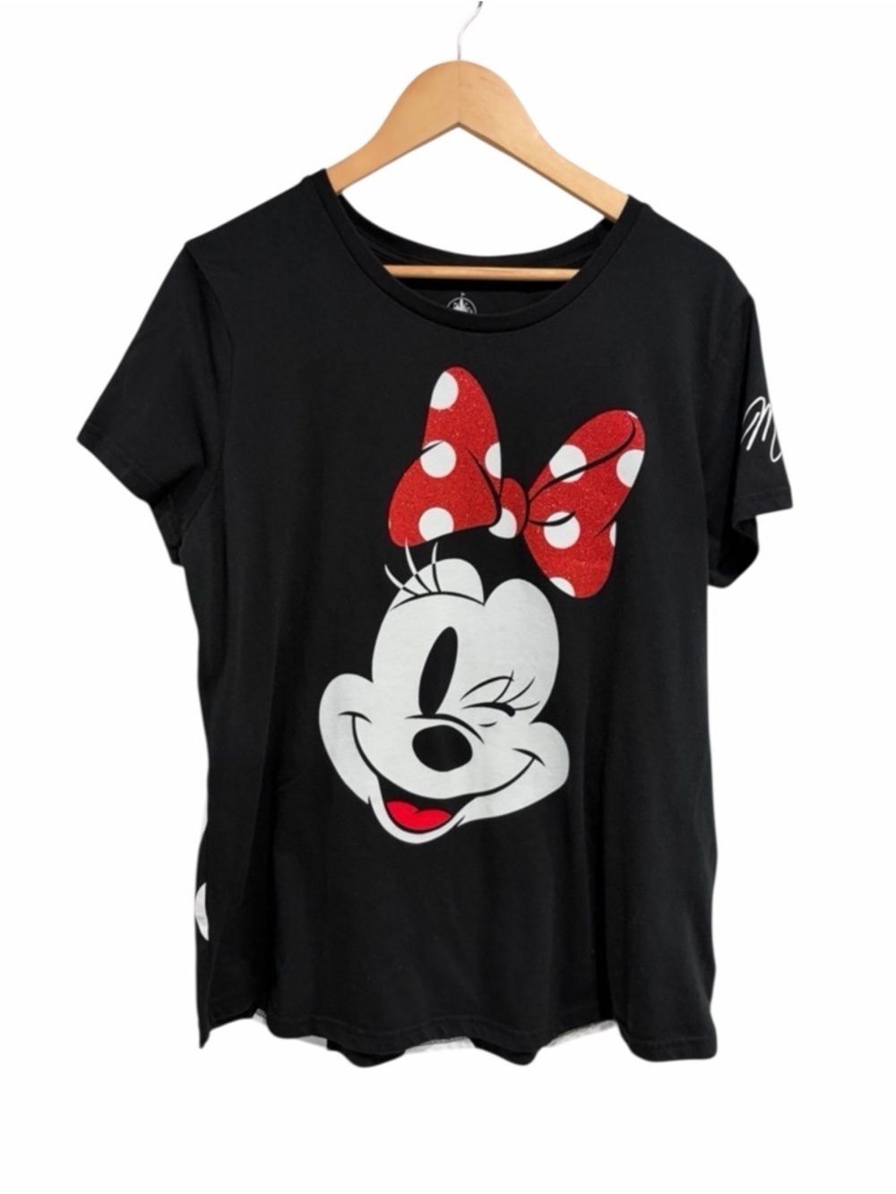 Disney Black Minnie Tee with Red Glitter Bow and White Polka Dots Back